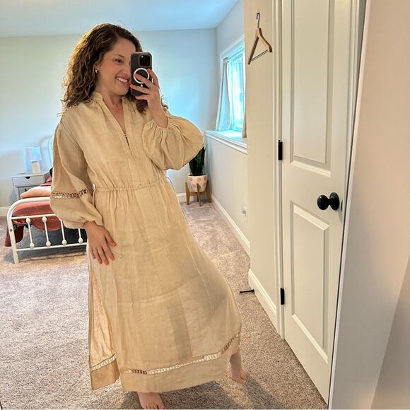 BOTEH Tan Neutral Linen Long Sleeve Eyelet Maxi Dress 1 Medium - Picture 4 of 16